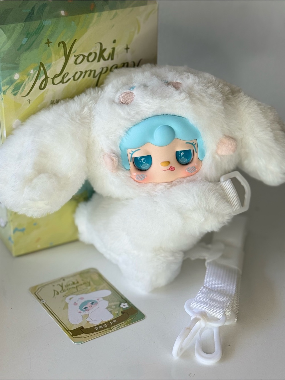Yooki Accompany- Valley Iris Bunny Plush Crossbody Bag - White with Blue Face